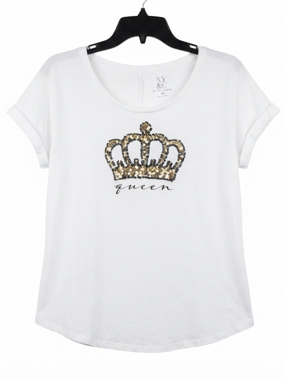 New York & Company Medium White Short-Sleeve Tee with Gold Sequin Crown “Queen”